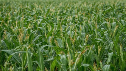 Obraz premium Lush corn foliage in an agricultural landscape. Picture of a maize plantation. idea of a successful crop yield, farming. maize field during spring or early summer. industrial perspective, panoramic