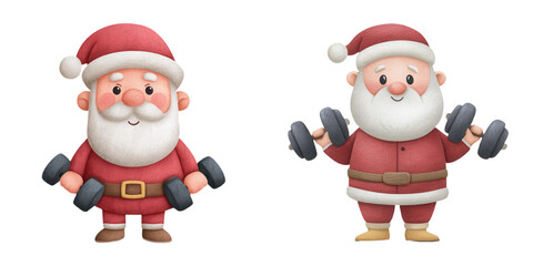 Fototapeta premium Two cartoon Santas holding dumbbells, one in a traditional red suit and one in a modern fit, showcasing a playful fitness theme.