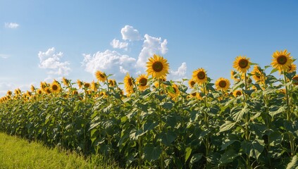 Obraz premium Gorgeous sunlit blossoms! Vast expanses of flowering sunflowers.