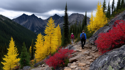 Fototapeta premium Hikers enjoying a colorful trail in the mountains during autumn