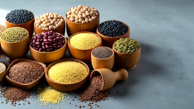 Assorted grains and legumes in wooden bowls arranged on a gray surface