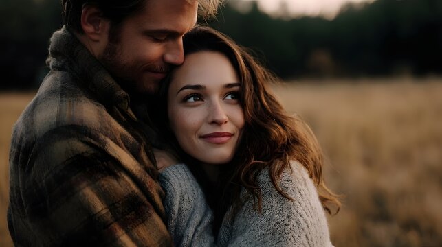 A loving couple shares a tender embrace in a sun drenched field evoking warmth and connection