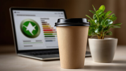 Coffee cup beside laptop with plant on table in workspace