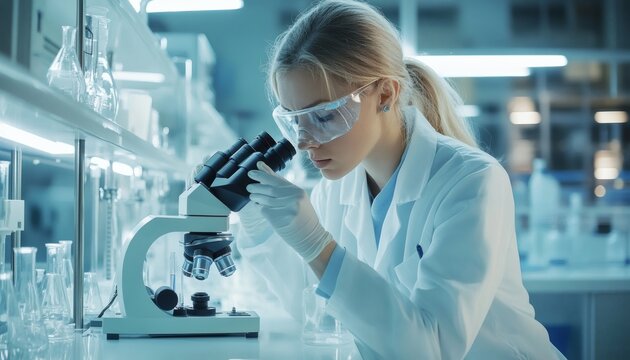 A female scientist in a lab coat and safety glasses is looking through the eyepiece of a microscope, conducting research in a laboratory setting. - Powered by Adobe
