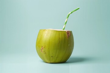 Fresh green coconut with a straw prepared for drinking isolated on a plain background