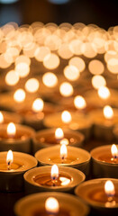 Many small, lit, wax candles create a warm, glowing ambiance with a soft, blurred bokeh background, representative of peace, remembrance, or hope