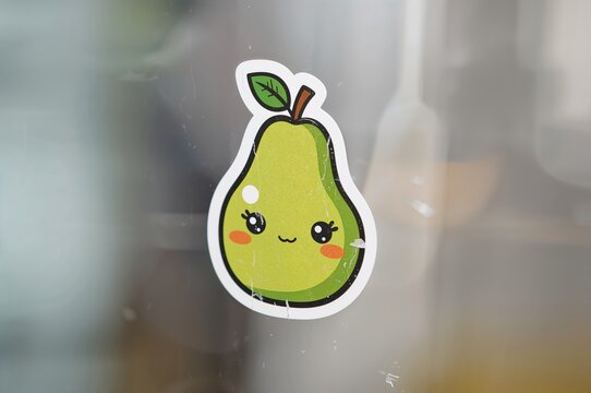 Worn-out label featuring a cute green pear character