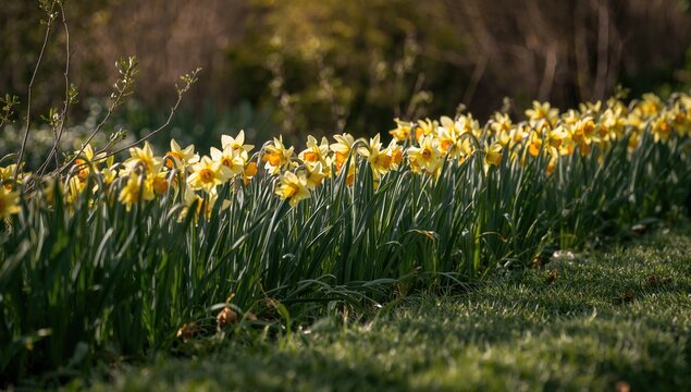 Row of daffodils in early spring prior to blooming