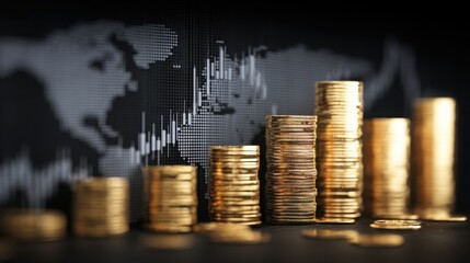 Stacks of golden coins representing financial growth and investment against a world map background with financial charts and graphs illustrating market trends