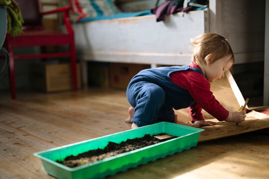 Side view of playful toddler scribbling on pizza boxes at home