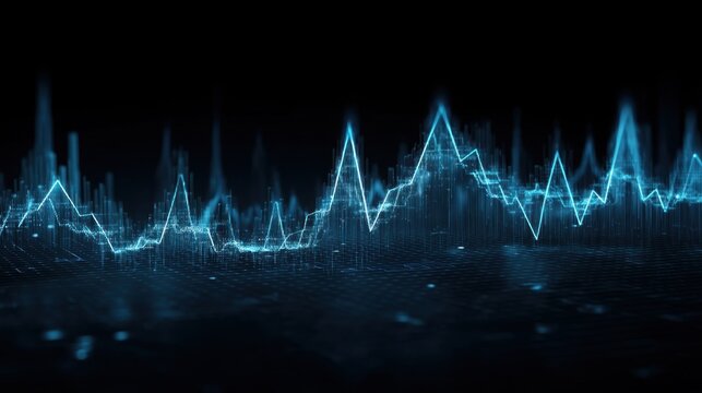 Abstract digital waveforms representing financial trends, data analytics, and technology in a dark theme with glowing blue elements for modern concepts