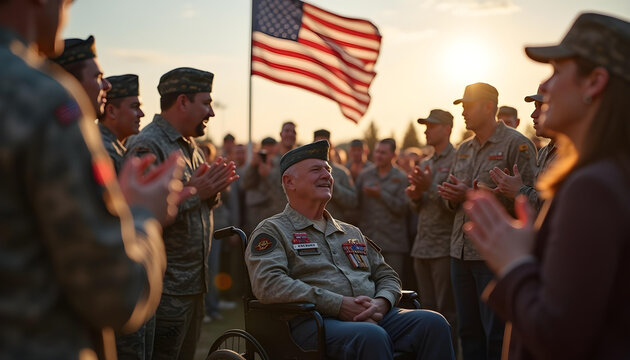 Active Duty Soldiers and Diverse Citizens Applauding Senior Army Veteran in Wheelchair at Outdoor Ceremony for Veterans Day or Memorial Day