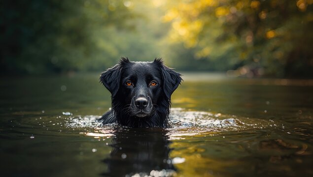 Dark canine cooling off in a woodland stream during a sweltering summer afternoon with light reflections on a soft-focused backdrop. Enigmatic mood - Powered by Adobe