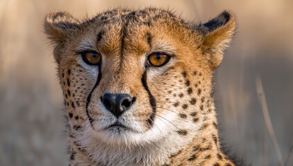 Detailed view of a wild cat's captivating amber eyes and dark nose