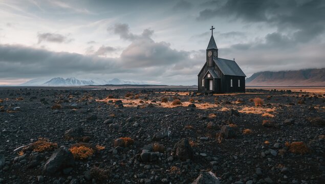 Sunrise view of a traditional wooden church in an autumn volcanic landscape