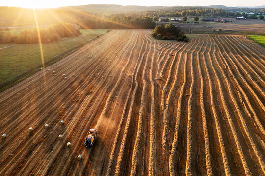 Drone view of tractor working in field