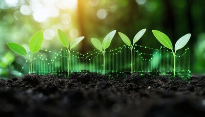 The illustration shows several green plants growing from dark soil with a superimposed green line chart indicating growth.