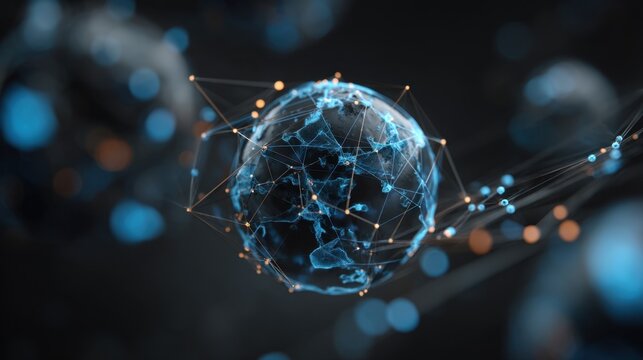 Futuristic Networked Globe with Digital Nodes and Connections Representing Global Communication and Data Sharing in a Dark Background