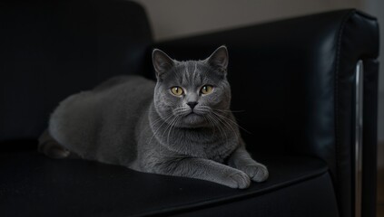 A sleek dark-themed photo of a British shorthair resting on a black couch