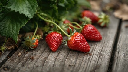 A close-up of ripe strawberries resting on rustic wooden planks, showcasing fresh and juicy red berries in a natural farm setting, evoking a sense of summer and vibrant nature.