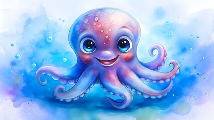A cute purple octopus with sparkling blue eyes and curly tentacles against a dreamy blue and purple background.