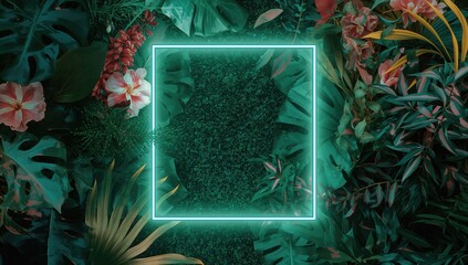 Vibrant neon border featuring white and green illumination against a backdrop of lush tropical foliage, contemporary summer flower design