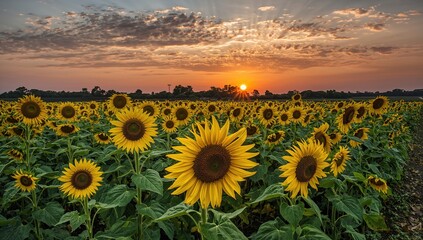 Fototapeta premium Sunflower field glowing in the evening light