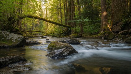 Obraz premium Forest Stream with Rocks and Moss in a Natural Setting