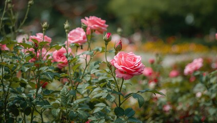 Fototapeta premium Vibrant Roses Blooming in a Garden Bed Amidst Lush Greenery
