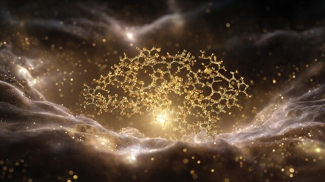 A golden molecular structure of spermidine floating above a brain-shaped nebula, glowing with energy.