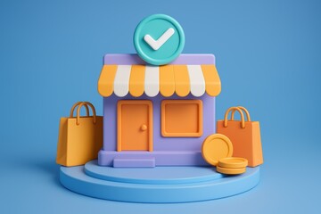 Online Shopping Icon: A charming 3D illustration depicts a storefront, complete with shopping bags and coins, symbolizing the seamless experience of online shopping.