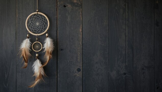 Brown and beige dreamcatcher set against a dark gray textured backdrop with ample space for text - Powered by Adobe