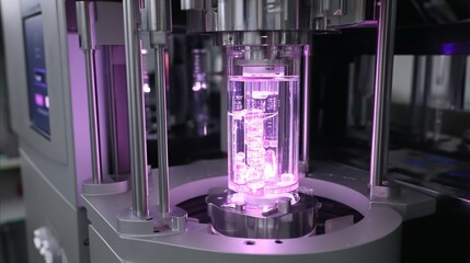 glass column filled with stationary phase material mounted in HPLC equipment, with mobile phase flowing through, showcasing the principle of separation and molecular interaction. HPLC, column, 