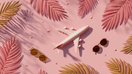 Embrace the vibrant summer travel vibes with an airplane and stylish sunglasses in tow