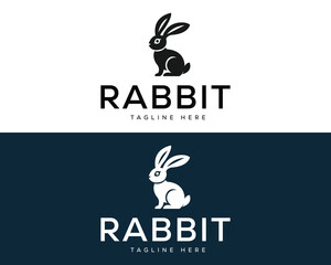 Black and white rabbit logo with text on white and dark blue backgrounds animal silhouette