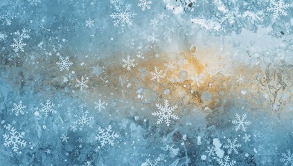 Fototapeta premium A stunning horizontal pattern in blue, white, and yellow featuring a frozen reflective surface adorned with various snowflakes and icy textures in winter
