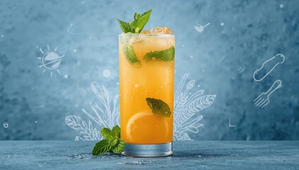 A high glass filled with fresh orange lemonade and mint leaves stands before a blue stone surface.