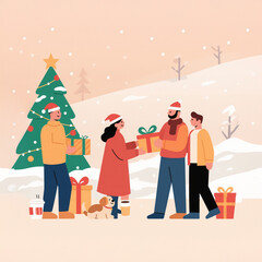 Fototapeta premium Christmas Template - Festive Holiday Illustration with People and Christmas Decorations
