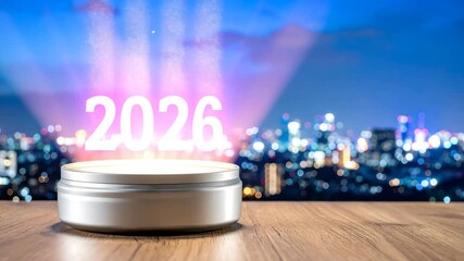 Exciting 2026 announcement on stage with city lights backdrop, ideal for marketing campaigns and celebrating future milestones with a vibrant cityscape view