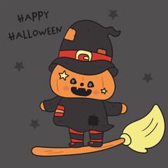 halloween pumpkin jack o latern on witch broom kawaii character