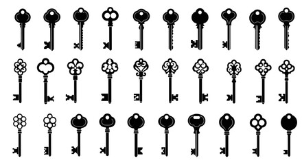 Ornate Skeleton Keys Collection Isolated on White Background for Secure Access and Opening Doors, Representing Security, Protection, and Vintage Style, Useful for Graphic Design Projects in Business a