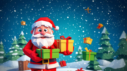 Fototapeta premium Merry Christmas 3D Illustration — Santa Claus with Eco-Friendly Christmas Gifts in Winter Snow
