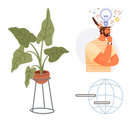 Man contemplating with creative elements above head, potted plant in stand, globe with connection lines. Ideal for creativity, innovation, sustainability, global communication, mindfulness