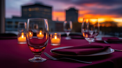 Obraz premium Elegant dinner setting with sunset view over city skyline