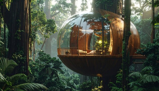 Spherical Cabin in Forest: A unique and futuristic spherical cabin is nestled among the towering trees of a lush forest, creating a harmonious blend of design and nature.