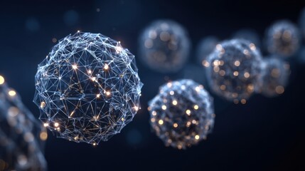 Abstract representation of molecular structures and network connections in a digital universe with glowing nodes and lines against a dark background