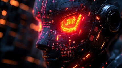 Cybernetic face with glowing red eye and intricate details