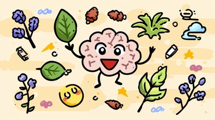 Cartoon illustration of cheerful brain surrounded by positive icons symbolizing wellness, growth, and balance