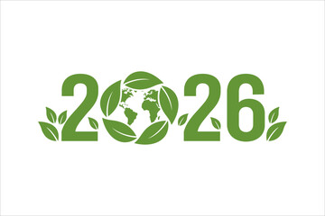 Illustration depicting the year 2026, symbolized with a globe crafted from leaves, representing environmental consciousness, sustainability, and eco-friendly initiatives for the future