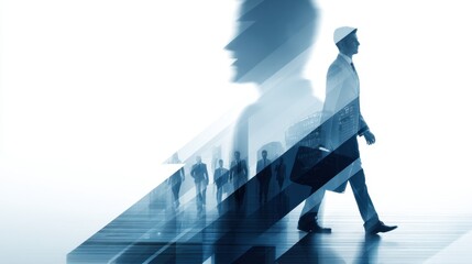 Abstract representation of a businessman walking with dynamic lines and subtle silhouettes, depicting the concept of motion in the corporate world